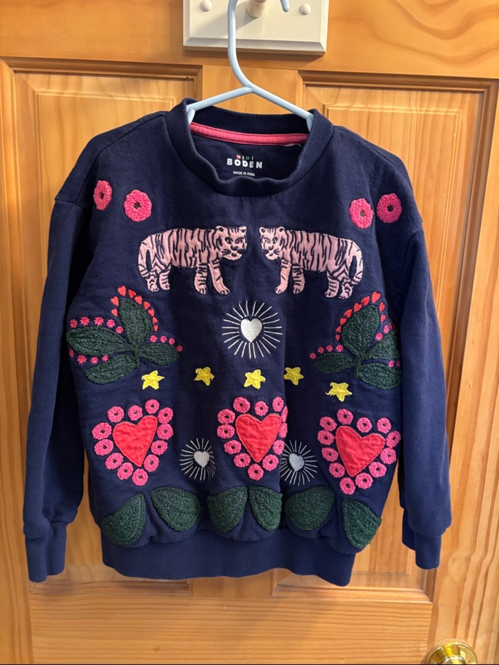Boden Navy Sweatshirt with Pink Tiger & Heart Embroidery